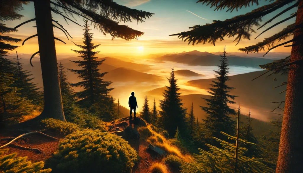 Person looking at the sunset from a mountain top